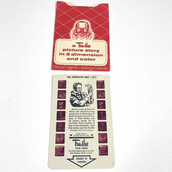 Tru-Vue Film Card Stereoview Boa Constrictor Hunter Snakes Reptiles Vintage M-11 - Picture 1 of 6